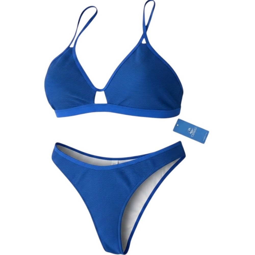 Cupshe Bikini Set Women S Blue NEW Ribbed‎ Cutout Triangle High Leg AC21671L